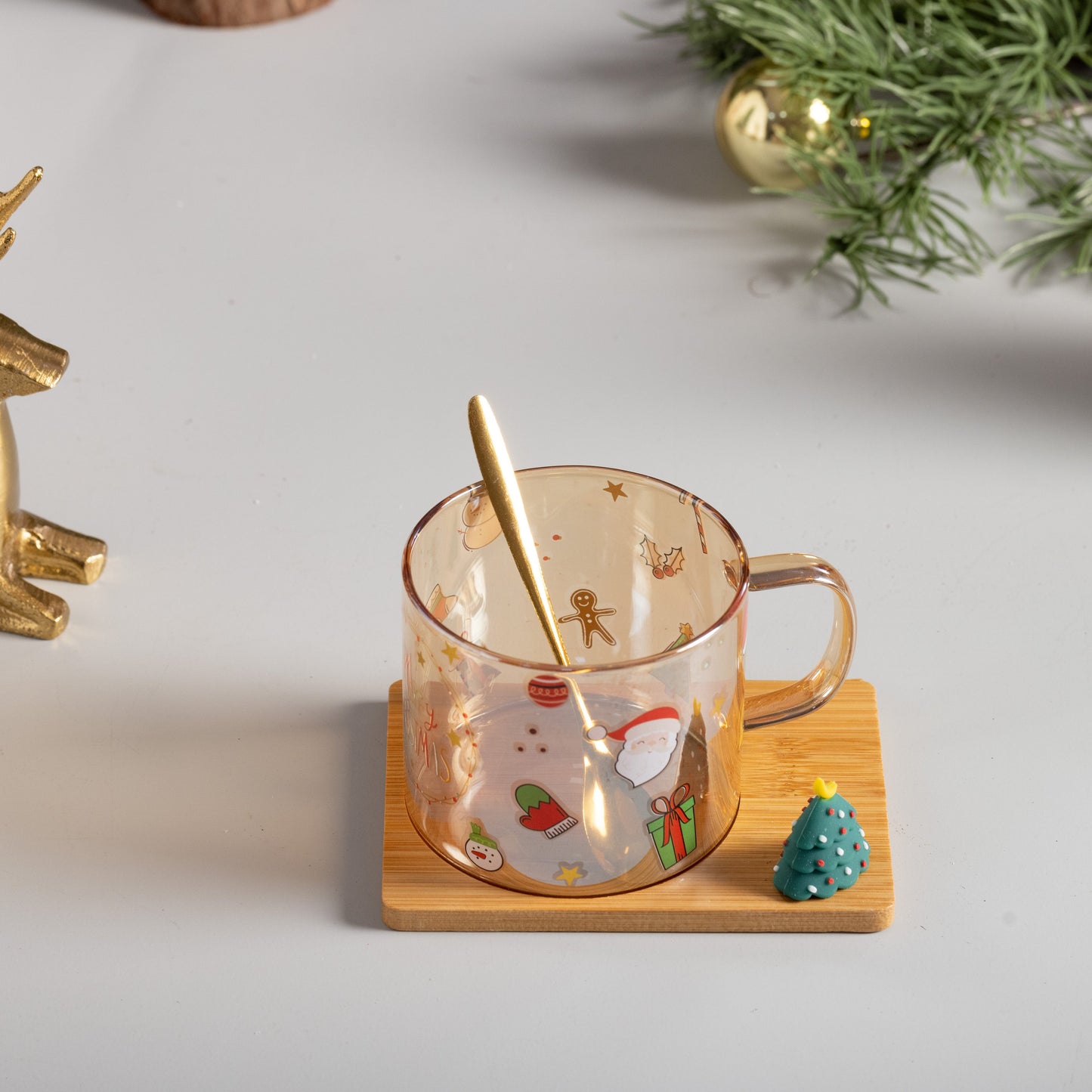 Glass Tea Cup with Wooden Plate and spoon