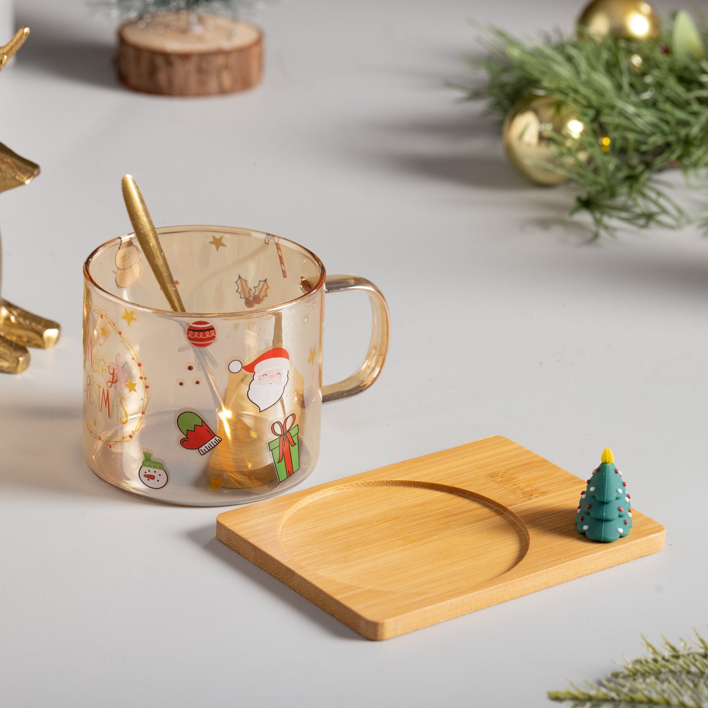 Glass Tea Cup with Wooden Plate and spoon