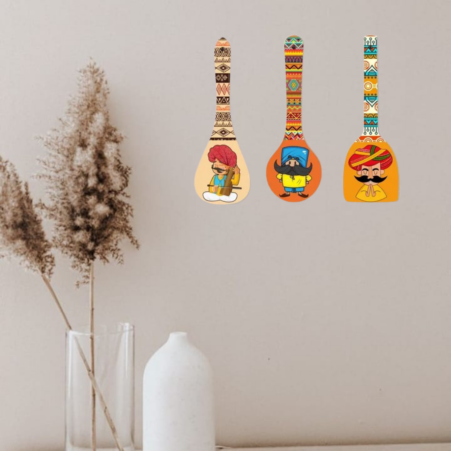 Webelkart Wooden Rajasthani Culture Wall Hanger Spoons for Home Decoration |Kitchen Wall Decor |Living Room | Gift | Modern Decoration Items |Wall Decor Hanging Items-(Set of 3 12" Inches)