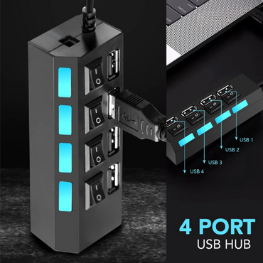 QuickHub: 4-Port USB 2.0 Hub with Power Switches, LED Indicators, 480 Mbps Transfer Speed & Fuse Protection