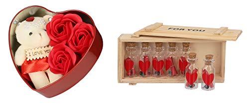 Webelkart Artificial Premium Combo Of Love Teddy Bear Heart Shaped Box And Message Bottle Box (Multicolour, Love Teddy Bear Heart Shaped Box With 7 Message Bottle Box)
