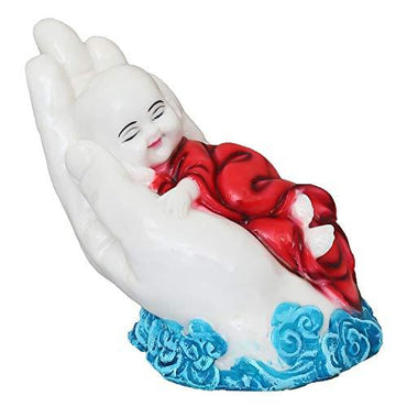 Webelkart Premium Cute Child Monk Sleeping on Palm Showpiece - 12 cm (Polyresin, Multi)- for Home Decor| Office Decor| Valentines Day Gifts | Diwali Decor| Vaastu Decor| Fengshui