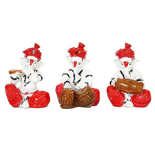 Webelkart Polyresin Lord Ganesha Musician Showpiece, 4.50 IN, Red, Multicolour, 3 Piece