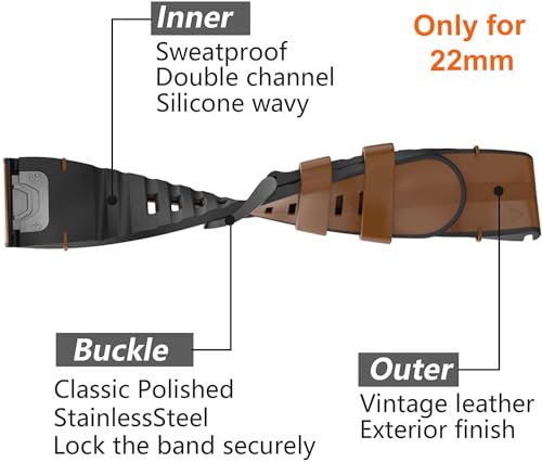 Zitel Band for Garmin Fenix 8 47mm, 7/7 Pro, 6/6 Pro, 5/5 Plus, Epix Pro/Gen 2 47mm, Forerunner 965/955/945/935, Leather With Silicone Strap 22mm - Brown
