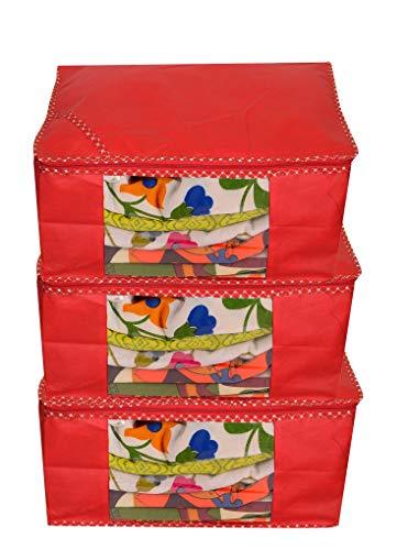 JaipurCrafts 3 Pieces Non Woven Saree Cover Set, Red (45 x 35 x 22 cm)