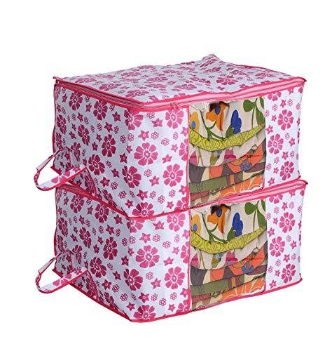 JaipurCrafts 3 Piece Underbed Storage Bag,Storage Organiser,Blanket Cover with Zippered Closure and Handle (Flower Print, 65 x 47 x 33 cm)- Extra Large