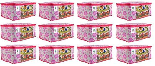 JaipurCrafts 12 Pieces Flowers Print Non Woven Saree Cover Set, Pink (45 x 35 x 21 cm)