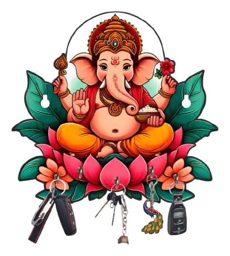 Webelkart Antique Printed Wooden Ganesha Key Holder for Home/Office Decor, Key Hanger for Wall Decor,Key Holder for Home Decor,Key Chain Holder (10" Inches)