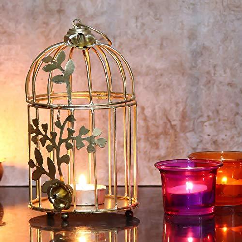 Webelkart Gold Colour Metal Iron Bird Cage Tea Light Holder with Flower Vine