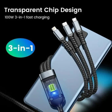 Power100: 3-in-1 100W Fast Charging Cable (1.2M) with Type-C, Micro-USB & Lightning Connectors for Laptops, Tablets & Smartphones
