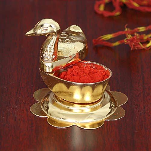 JaipurCrafts Zinc Roli-Chandan, Chawal-Akshat-Haldi -Kumkum Box with Loving Bird Duck Pair Chopda Showpiece for Pooja Purpose (6.50 cm, Gold)