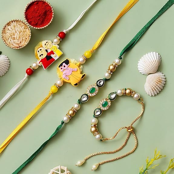 Webelkart 4 Rakhi Combo for Bhaiya and bhabhi with Kids Customised Best Wishes Stand with Image Upload and Customised Keychain with Photo Print and Greeting Cards and Roli Chawal Pack