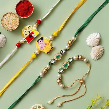 Webelkart 4 Rakhi Combo for Bhaiya and bhabhi with Kids Customised Best Wishes Stand with Image Upload and Customised Keychain with Photo Print and Greeting Cards and Roli Chawal Pack