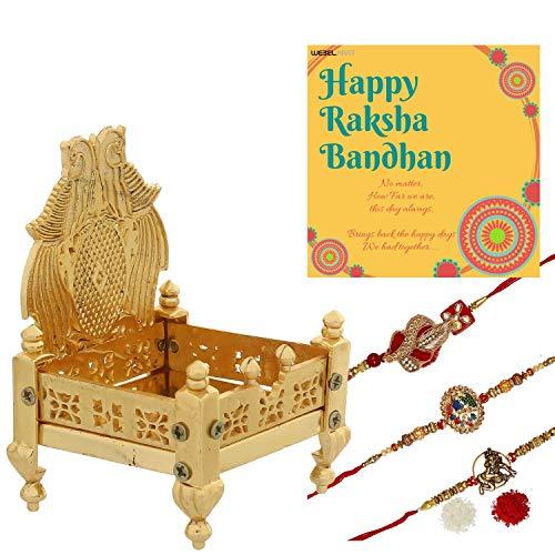 Webelkart Premium Combo of Rakhi Gift for Brother and Bhabhi and Kids with Metal Singhasan Showpiece, Rakshabandhan Gifts for Bhai Sister - Fancy Rakhi with Metal Singhasan Showpiece