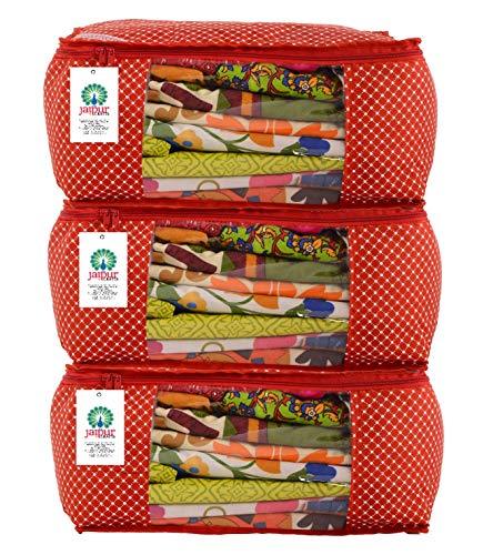 JaipurCrafts 3 Pieces Quilted Polka Dots Cotton Saree Cover Set, Red (45 x 30 x 20 cm)