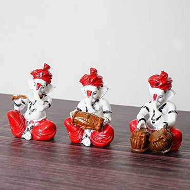 Webelkart Polyresin Lord Ganesha Musician Showpiece, 4.50 IN, Red, Multicolour, 3 Piece