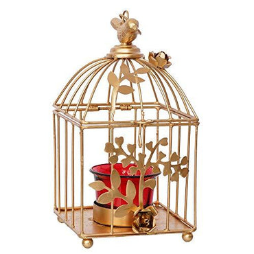 Webelkart Gold Color Square Metal Bird cage Tea Light Holder with Flower Vine & Tealight Glass for Home Decor