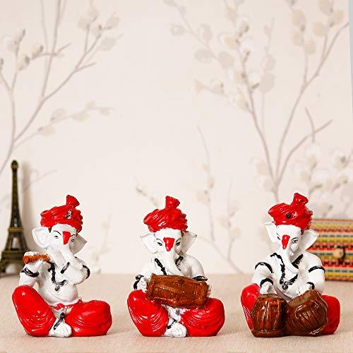 Webelkart Polyresin Lord Ganesha Musician Showpiece, 4.50 IN, Red, Multicolour, 3 Piece