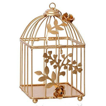 Webelkart Gold Color Square Metal Bird cage Tea Light Holder with Flower Vine for Home Decor- 7 Inch