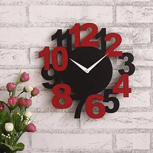 Webelkart New and Improved Stylish Beautiful Big Numbers Round Wood Wall Clock (30 cm x 30 cm x 2.8 cm, Black, Red)- Without Glass