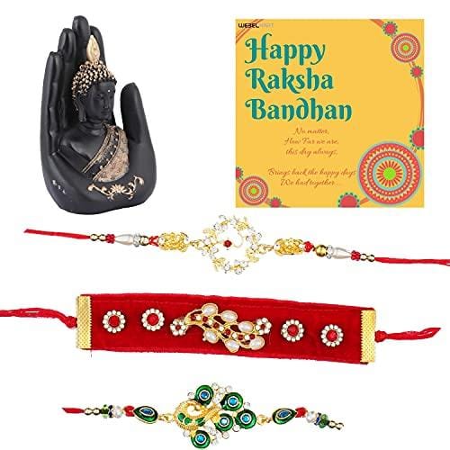 Premium Combo of Rakhi Gift for Brother and Bhabhi and Kids with Resin Palm Buddha Showpiece, 7 Inch, Black, Gold