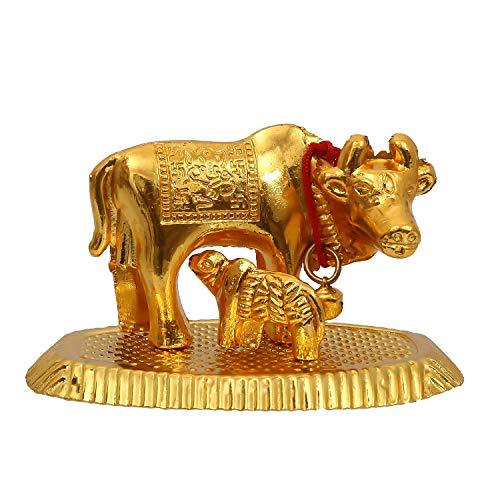 JaipurCrafts Gold Small Kamdhenu Cow and Calf Showpiece - 5.5 cm (Aluminium)