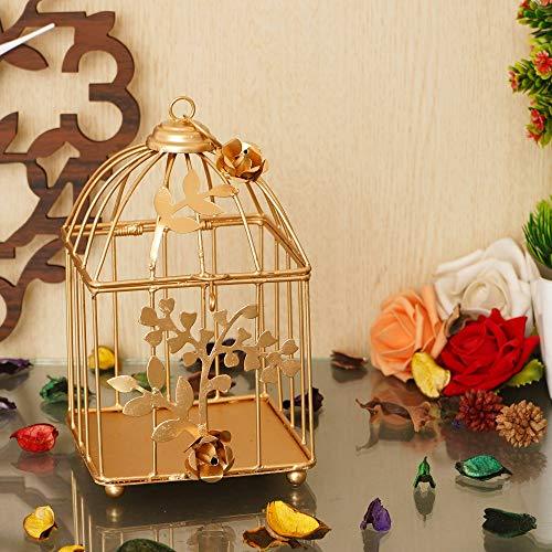 Webelkart Gold Color Square Metal Bird cage Tea Light Holder with Flower Vine for Home Decor- 7 Inch