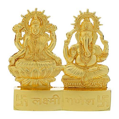 JaipurCrafts Laxmi Ganesh Gold Plated Statue - Idol for Car Dashboard, Home, Office Décor, Gifting Decorative Showpiece, Temple Gift (Zinc, Golden)- 2.75 in x 2.75 in