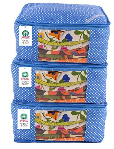 JaipurCrafts 3 Pieces Quilted Polka Dots Cotton Saree Cover Set, Blue (45 x 30 x 20 cm)