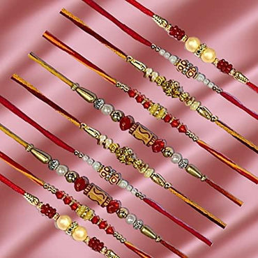 Webelkart Combo of 10 Metal Copper Multicolour Rakhi for Brother with Beautiful Rakshabandhan Greetings Card