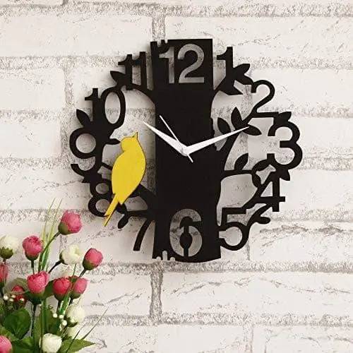 Webelkart Designer Beautiful Tree & Bird Round Wood Wall Clock (Black, Yellow)