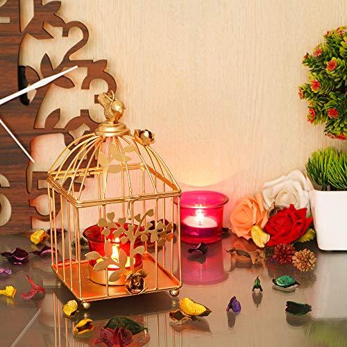 Webelkart Gold Color Square Metal Bird cage Tea Light Holder with Flower Vine & Tealight Glass for Home Decor
