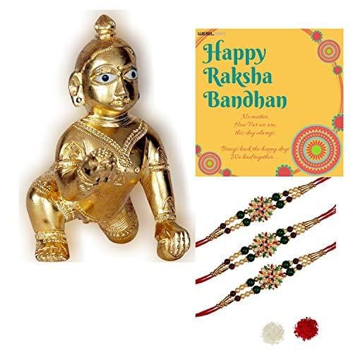 Webelkart Premium Combo of Rakhi Gift for Brother and Bhabhi and Kids with Laddu Gopal Metal Showpiece- 3 INCH, Rakshabandhan Gifts for Bhai Sister - Fancy Rakhi with Laddu Gopal