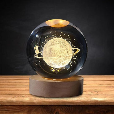 Pluto: 3D LED Crystal Ball Night Lamp with Holographic Engraving & USB-Powered Wooden Base for Home & Office Décor