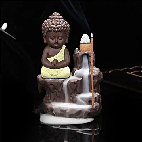 JaipurCrafts WebelKart Buddha Smoke Fountain |Buddha Incense Burner | Meditating Monk Buddha Smoke Backflow Cone Incense Holder Decorative Showpiece |Buddha Idol | Buddha Fountain |Buddha Statue (Yellow) With Free 10 Back flow Incense Cones