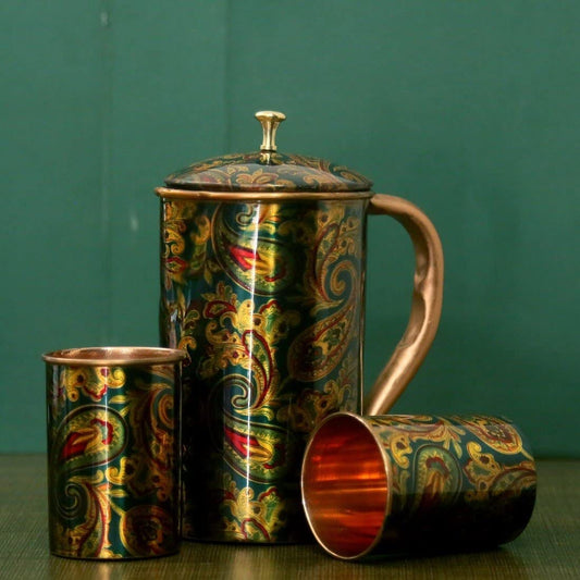 JaipurCrafts Pure Copper Modern Art Printed and Outside Lacquer Coated Jug, Travelling Purpose, Yoga Ayurveda Healing, 1200 ML Jug with 2 Glasses