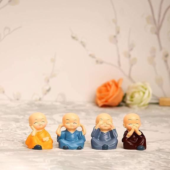 Webelkart Antique Evil Eye Designer Set of 3 Rakhi for Brother Bhabhi with Gift -Set of 4 Miniature Buddha Monk Figurines Showpiece For Car dashboard ,Rakhi Gift for Bhaiya and Bhabhi With Chawal And Greeting Card