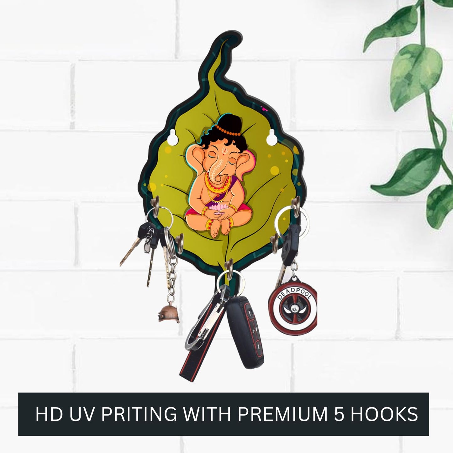 JaipurCrafts Premium Leaf Ganesha Shape Printed Wooden key holder for home and office decor (Multi, 10 inches)