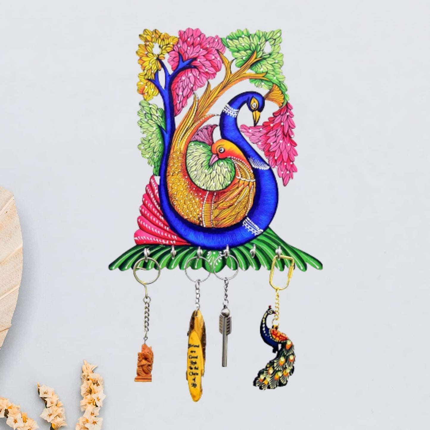 Webelkart Premium "Peacock Family" Printed Wooden Key Holder for and Office Decor
