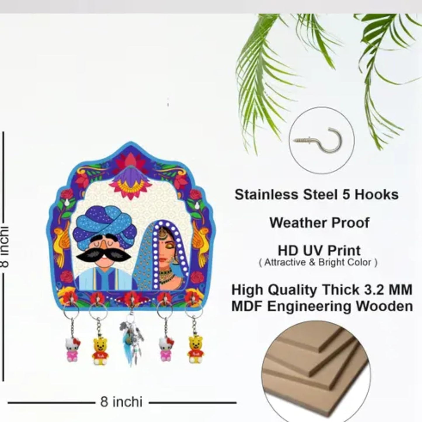 JaipurCrafts Premium Welcome Lady Rajasthani Wooden Key Holder for Home and Office Decor, Key Chain Holder for Home and Living Room (8 inches , Blue)
