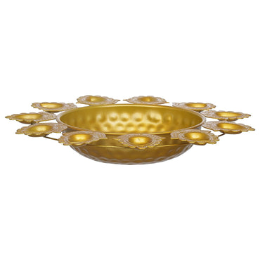 Webelkart Premium Flower Diya Shape Gold Polish Decorative Urli Bowl for Home and Office Decor/Urli tealight Candle Holder/Diwali Decorations Items for Home Decor (14 Inches, Gold)