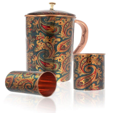 JaipurCrafts Pure Copper Modern Art Printed and Outside Lacquer Coated Jug, Travelling Purpose, Yoga Ayurveda Healing, 1200 ML Jug with 2 Glasses