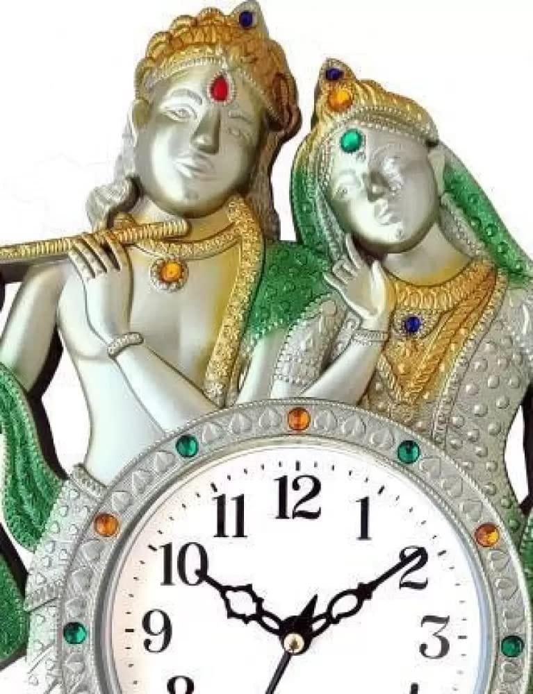 Webelkart Premium Radhe Krishna Playing Flute Unique Style Plastic Analog Wall Clock for Home and Office Decor| Wall Clock for Living Room( 13 in, Green)