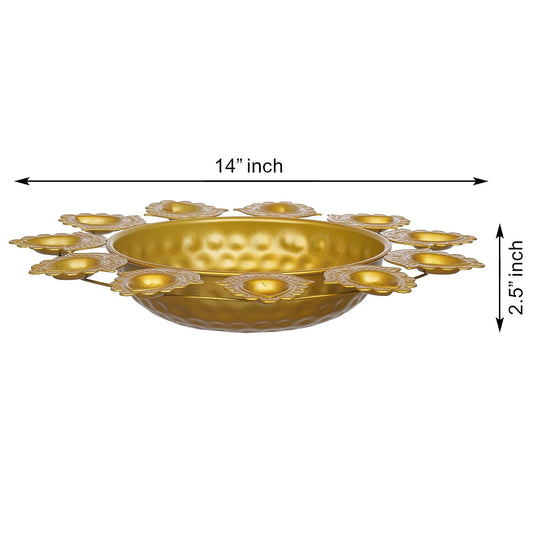 Webelkart Premium Flower Diya Shape Gold Polish Decorative Urli Bowl for Home and Office Decor/Urli tealight Candle Holder/Diwali Decorations Items for Home Decor (14 Inches, Gold)