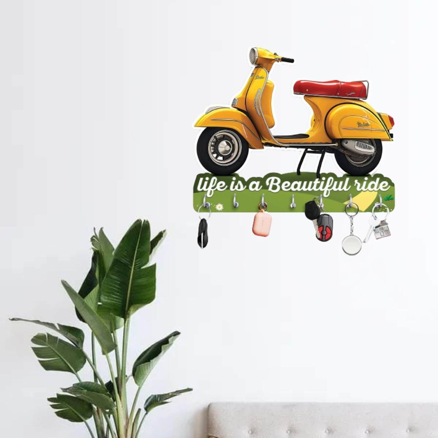 JaipurCrafts Premium Scooter Shape and Life Is A Journey Wooden Printed Key Holder for home and office decor- home decor items for wall (Multi, 10 x 10 inches)