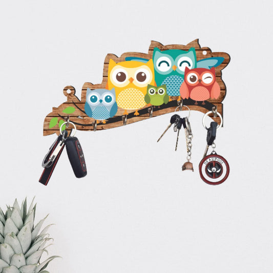Webelkart Premium 'Owl Family' Decorative Wooden Printed Key Holder for Home Decor Key Hangers Keychain Holder Key Stand & Key Holder for Wall Owl Key Holder (25 cm, 6 Hooks)