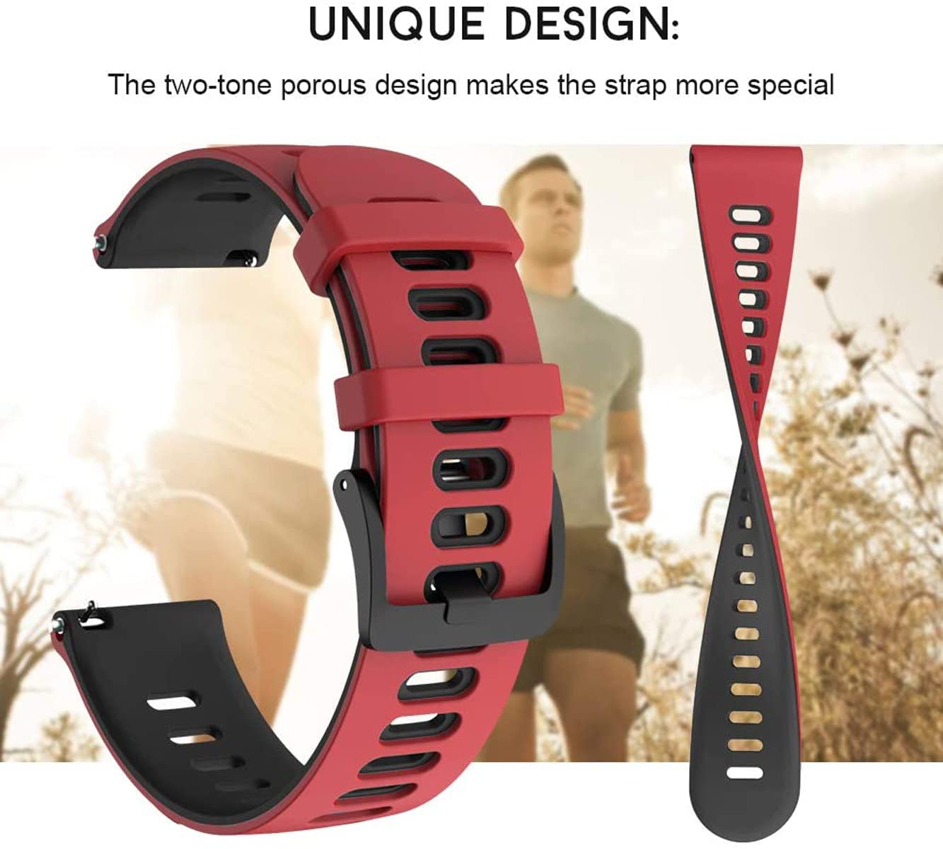 Zitel Band for Garmin Forerunner 265 / 255, Vivoactive 4 45mm, Venu 2 45mm. Venu 3, 22mm Strap - Red-Black