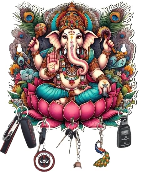Webelkart Antique Wooden Ganesha Key Holder for Home and Office Decor -Cute Ganesha Printed Key Holder for Home Decoration,Gift Item for Home, Key Hanger for Wall(10" Inches)