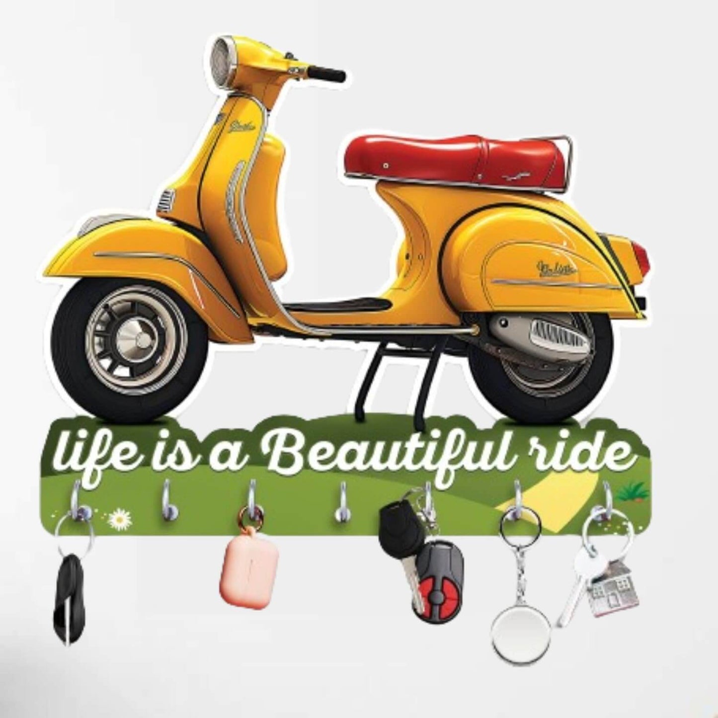 JaipurCrafts Premium Scooter Shape and Life Is A Journey Wooden Printed Key Holder for home and office decor- home decor items for wall (Multi, 10 x 10 inches)