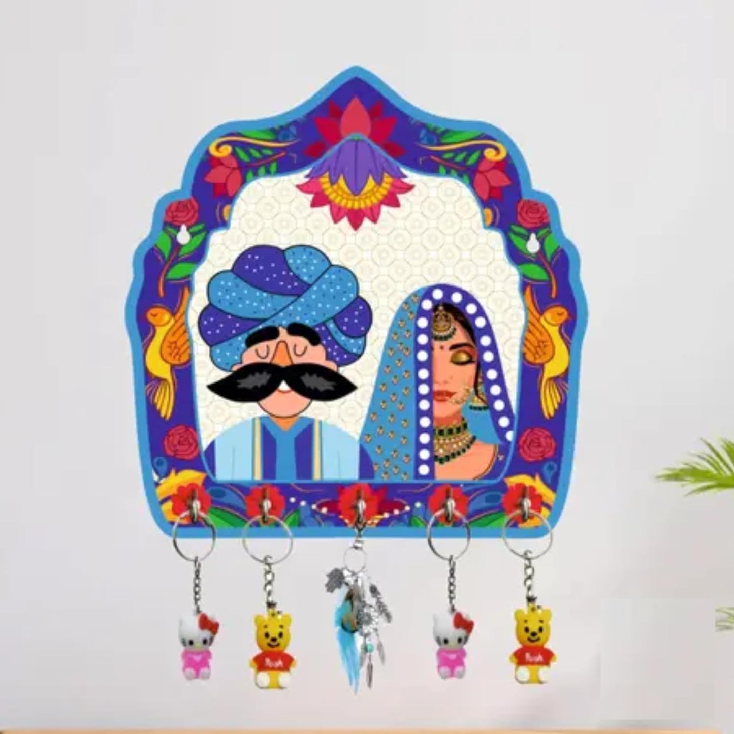 JaipurCrafts Premium Welcome Lady Rajasthani Wooden Key Holder for Home and Office Decor, Key Chain Holder for Home and Living Room (8 inches , Blue)